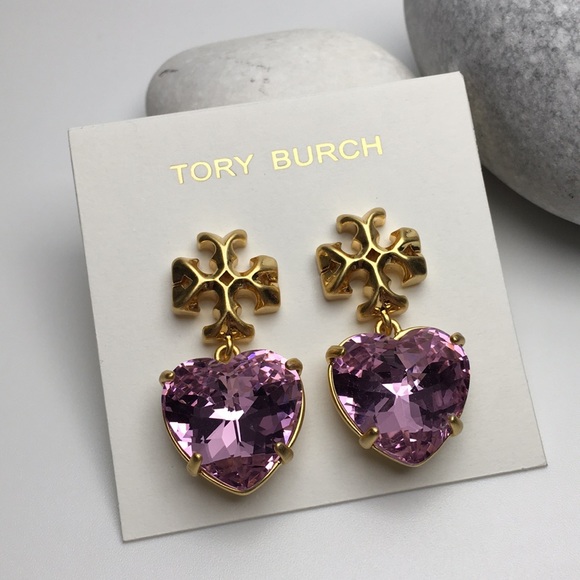 Tory Burch Jewelry - Tory Burch Gold Kira Lavender Multifaceted Crystal Heart Drop Dangle Earrings